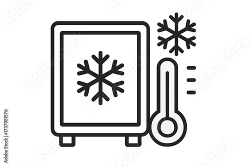 Cold storage vector line icon of a freezer or refrigerator with a thermometer and snowflake. Concept for cold chain, food preservation, freezing, and industrial refrigeration.