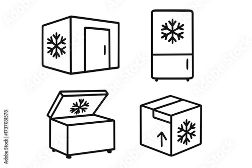 Cold storage outline icon set. Refrigerator, freezer, cold room, and chest freezer symbols. Vector concept for cold chain logistics, frozen food delivery, and warehouse storage.