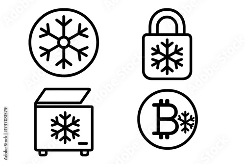 Cold storage icon set. Bitcoin crypto wallet security concept. Offline freezer hardware symbol. Snowflake for freezing. Secure lock pictogram. Vector outline illustration.