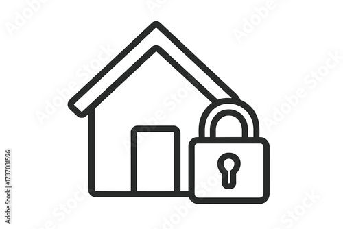 Home security concept. House and lock outline icon. Property protection metaphor. Real estate safety sign. Private house and padlock symbol. Mortgage and insurance business graphic.