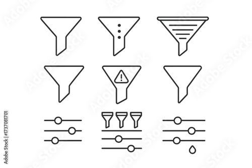 Filter and funnel thin line icon set. Vector symbols for data sorting, web filtering, and settings control. UI, UX graphic elements for website and mobile app design.