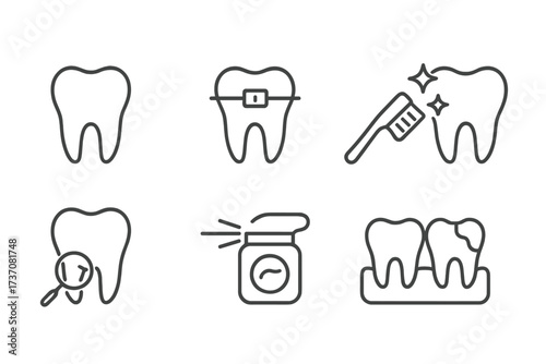 Dental care line icon set. Dentistry, oral hygiene concept. Tooth with braces for orthodontics, brushing, floss, caries, checkup pictogram. Vector outline symbol for web.