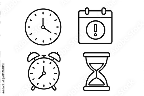Time management outline icon set. Clock, alarm, calendar reminder, hourglass. Vector line icons for deadline, schedule, appointment, web, app. Time passing concept. Urgency.