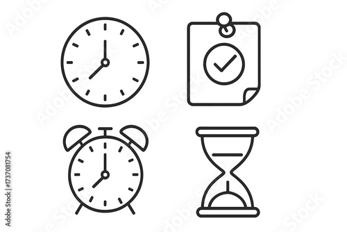 Time management icons. Outline vector collection of clock, alarm, reminder note, and hourglass signs. Thin line pictogram set for web and apps. Deadline, schedule, timer concept.