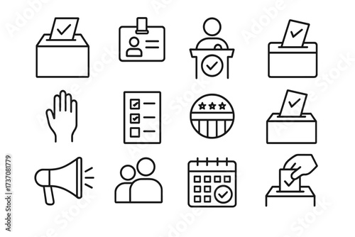 Vector election line icon set. Voting, politics, democracy outline symbols. Collection of pictograms: ballot box, voter ID, candidate debate, campaign, referendum, polling day.