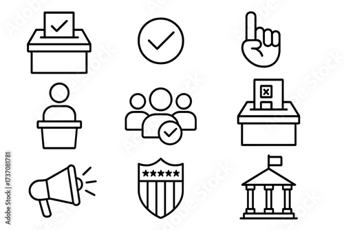 Election and politics thin line icon set. Symbols for voting, democracy, government. Vector icons for web and apps. Includes ballot box, campaign, speaker, patriotic shield.