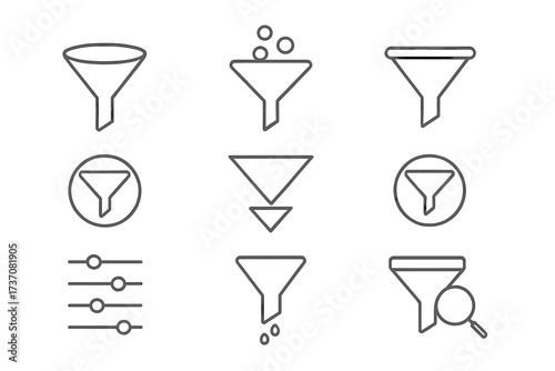 Filter and funnel thin line icon set. Data sorting and organization symbols. For web design, UI, UX interface. Vector collection of search and analysis pictograms.
