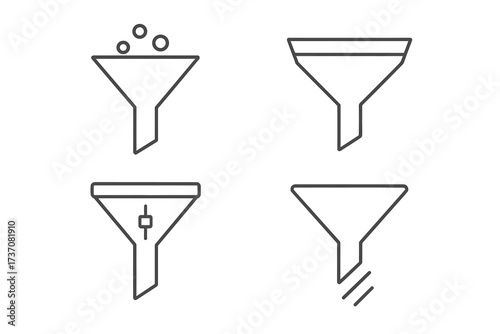Filter and funnel thin line icon set. Vector collection of sorting and data processing symbols. Web and app interface elements. Minimalist outline pictogram for business analysis.