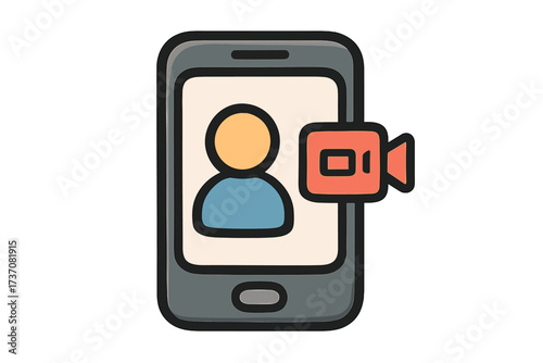 Video call icon on smartphone screen. Online meeting and virtual communication concept. Webinar symbol for remote work. Digital conference, video chat pictogram illustration.
