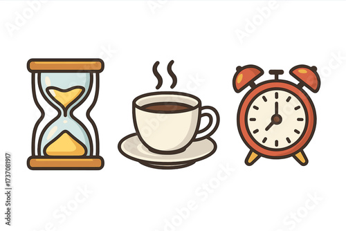 Time icon set. Hourglass for deadline. Coffee break cup for pause. Alarm clock for schedule. Concept time management. Vector cartoon illustration for graphics, apps, web design.