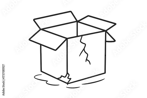 Damaged cardboard box vector line art illustration. Concept for fragile package, shipping problems, poor delivery service, or broken goods. Open, empty, cracked carton icon.