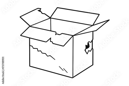 Broken cardboard box vector line art illustration. Damaged package or fragile cargo concept. Shipping and delivery problem. Old, empty, open container icon for graphics or apps.