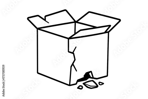 Broken box vector line icon. Damaged delivery package concept. Fragile cargo shipping problem. Cracked open carton illustration. Poor handling, return, or defect symbol.