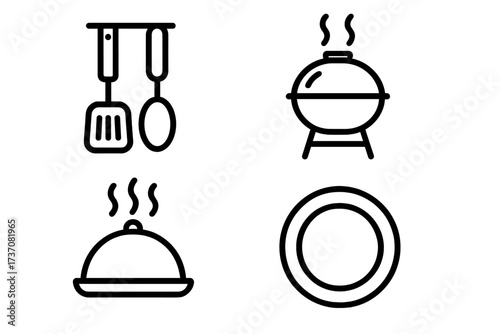 Kitchen line icon pack with cooking utensil, barbecue grill, serving cloche, and plate. Simple vector outline pictograms for restaurant, food service, catering, and apps.