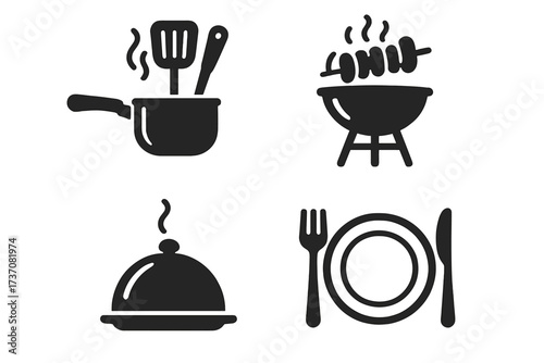 Cooking and restaurant icon set. Vector glyphs for kitchen utensils, BBQ grill, serving cloche, and plate setting. Simple pictograms for web, apps, and culinary concepts.