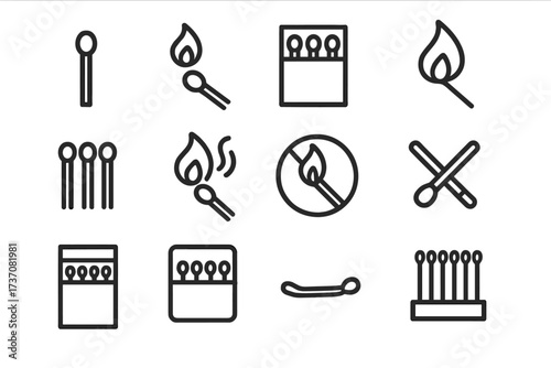 Matchstick line icon set. Concept of fire, danger, and ignition. Vector symbols. Burning match, flame, open matchbox, and no fire warning sign. Minimalist outline pictograms.
