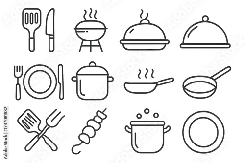 Cooking and kitchen line icon set. Utensil, barbecue, dish, plate, pot, pan, and grill icons for graphics and apps. Vector outline symbols for restaurant and food concept.