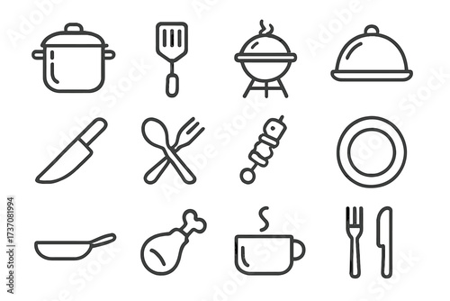 Cooking line icon set. Kitchen utensils, barbecue, food, dish, plate. Vector graphic for apps. Restaurant menu concept. Outline pictogram collection. Editable stroke signs.
