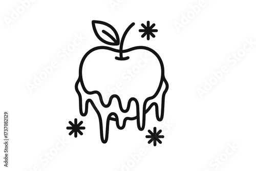 Frozen apple icon, linear vector sign for web and graphic design. Cold fruit illustration with snowflakes and ice. Winter food concept for apps, banners, and social media.