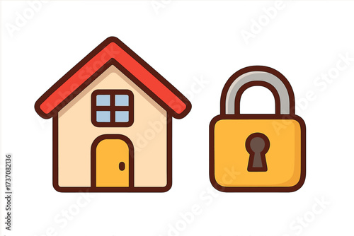 Home security concept with house and lock icon. Property protection and safety symbol. Real estate insurance vector. Private residence, secure building and mortgage safety.