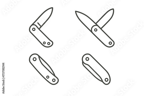 Pocketknife icon set showing open and close animation steps. Vector folding knife in a modern outline style. For graphic design, apps, UI, UX, websites. Utility tool concept.