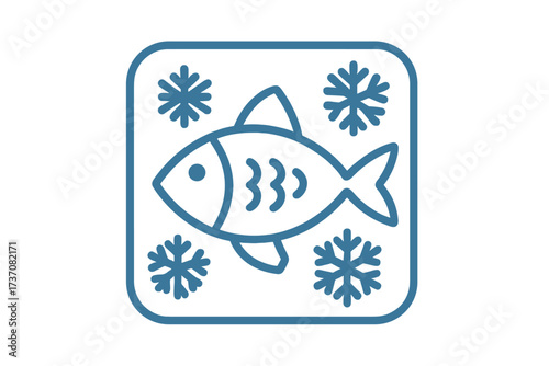 Frozen fish thin line icon. Seafood freezing and storage symbol. Fresh fish with snowflakes for food packaging design, grocery store label, web and app use. Vector illustration.
