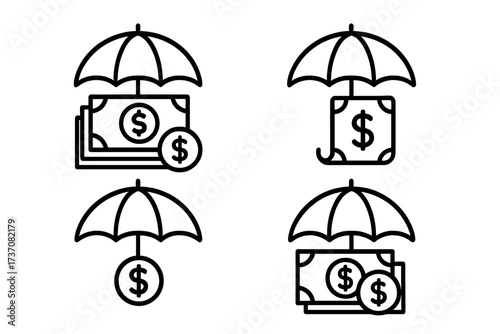 Money insurance line icon pack. Financial protection. Security concept. Money under umbrella outline sign. Savings safety. Investment guarantee. Wealth management. Income protection.