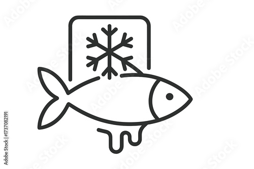 Frozen fish icon. Defrosting seafood outline symbol. Fresh food storage concept. Melting ice fish logo for packaging, supermarket label. Linear pictogram vector illustration.