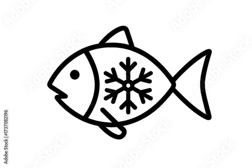 Frozen fish vector line icon. Seafood symbol with snowflake for grocery store label or menu. Cold storage, food preservation concept. Minimalist outline illustration for packaging.