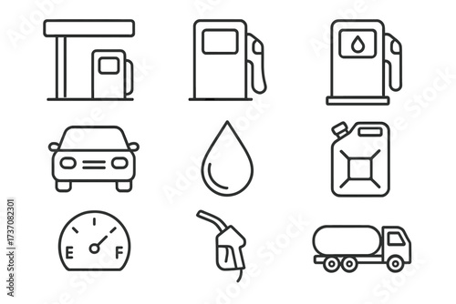 Gas station line icon collection. Fuel pump, car, petrol can symbols. Editable stroke vector set. Automotive, energy, transport pictograms. Oil drop, diesel nozzle, tanker truck.