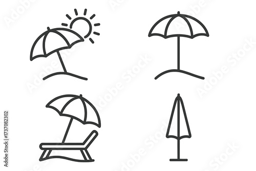Beach umbrella icon set for summer vacation. Thin line art collection of parasol and sunshade symbols. Sun protection, travel and relaxation concepts. Editable stroke vector.