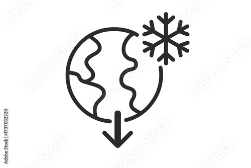 Global cooling icon and climate change concept. Ice age metaphor, planet earth temperature decrease. Cold weather symbol, freezing globe with snowflake and arrow down vector.