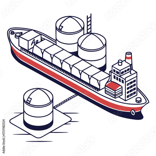 Cargo ship docked at offshore storage tanks for bulk liquid or gas transfer and transportation