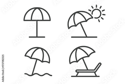 Beach umbrella line icon set. Parasol, sunshade, and sunbed for summer vacation. Sun protection symbol for travel and seaside relaxation. Vector outline pictogram collection.