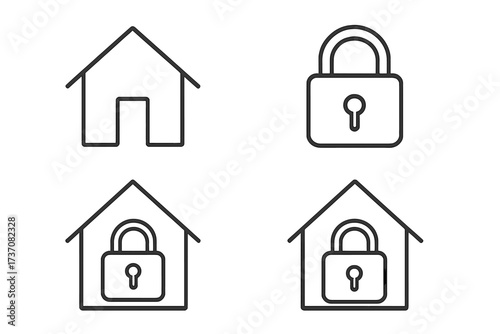 House and lock icon set. Home security, property protection, stay home concept. Thin line vector illustration. Padlock symbol. Safety, secure, quarantine, lockdown icons.