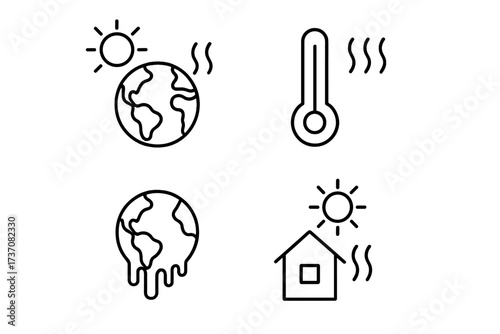 Global warming and climate change icon set. Thin line vector illustrations. Planet earth melting, high temperature thermometer, sun heat. Ecology disaster and environmental concept.