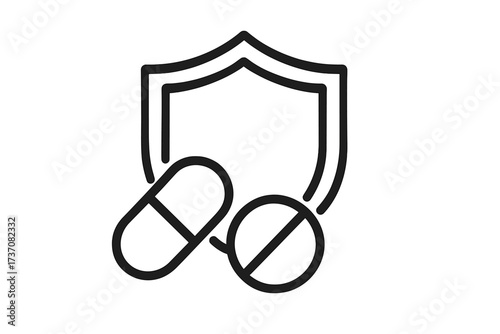 Medical protection icon with shield and pills. Concept of drug safety, pharmacy, and antibiotic resistance. Pharmaceutical security, medicine ban, or antidoping symbol vector.