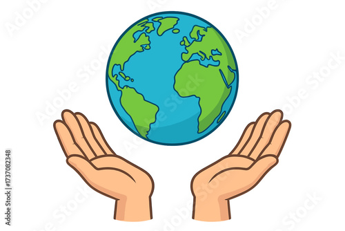 Hands holding globe, saving the planet. Concept for Earth Day. Environmental protection, conservation, sustainability. Ecology metaphor for global care, peace, humanity, support.