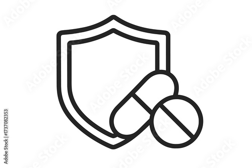 Medical protection icon with shield and pills. Health insurance, pharmacy, and healthcare concept. Vector line art of medicine, drugs, and vitamins for immunity defense.