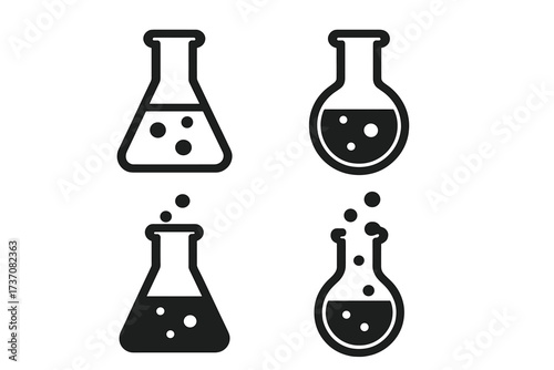 Science and chemistry lab icon set. Vector collection of laboratory flasks, beakers with chemical reactions. Bubbling liquid for research, experiment, or pharmacy concept.