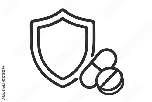 Health protection shield with medicine pills. Vector icon for medical insurance, immunity boost, pharmaceutical defense, drug safety, vitamins and supplements. Healthcare concept.