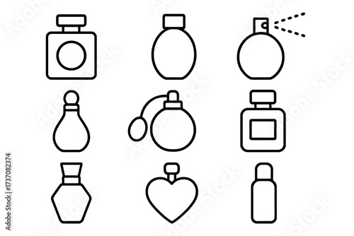 Perfume line icon collection. Fragrance bottle, spray pictogram set. Minimalist cosmetic, beauty outline symbols for web, graphic design, app, social media. Vector.