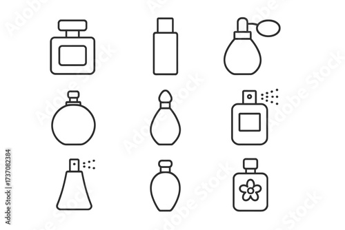 Perfume line icon collection. Minimalist pictogram set for beauty and cosmetics. Fragrance bottle, scent spray, and eau de toilette symbols for web design and apps. Vector.