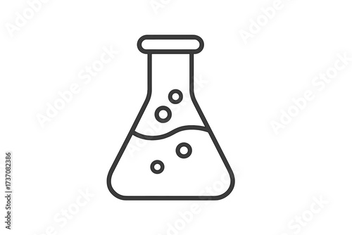 Laboratory flask with liquid and bubbles outline icon. Vector line art of chemical reaction for science, research, chemistry, and education. Minimalistic Erlenmeyer flask symbol.