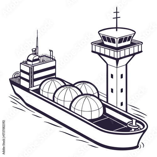 Illustration of a cargo ship carrying spherical containers near a control tower at sea