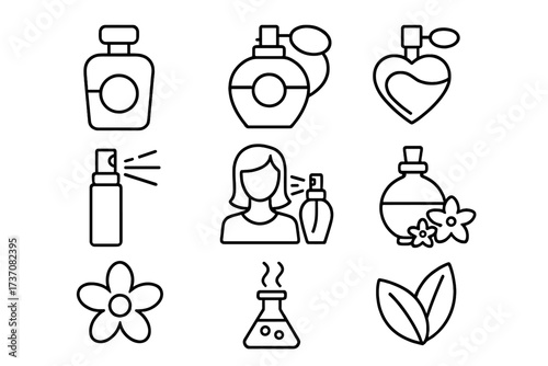 Perfume line icon set with editable stroke. Vector symbols of fragrance, cosmetics, beauty, and aromatherapy. Contains bottle, spray, flower, and natural scent ingredients.