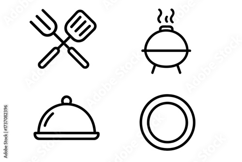 Line icon set of cooking and dining utensils including barbecue grill, spatula, fork, covered dish, and plate for kitchen, restaurant, food service, culinary apps and graphics