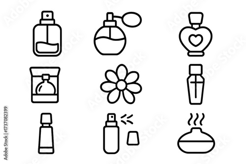 Perfume and fragrance line icon set. Vector symbols for cosmetics, beauty, and aromatherapy. Includes spray bottle, atomizer, diffuser, and flower scent. Editable stroke icons.