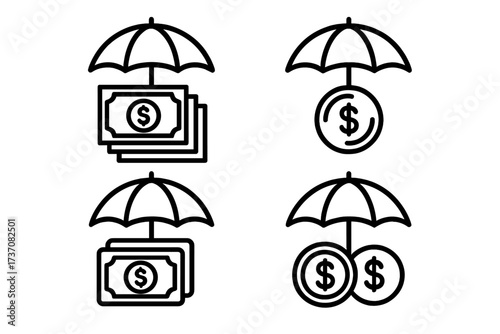 Money protection icon set for financial security and insurance. Umbrella over dollar cash and coins. Concept for savings, investment safety, wealth management, asset guarantee.