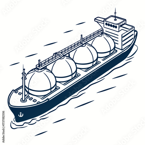 Illustration of a large cargo ship with spherical tanks transporting liquid natural gas across the ocean